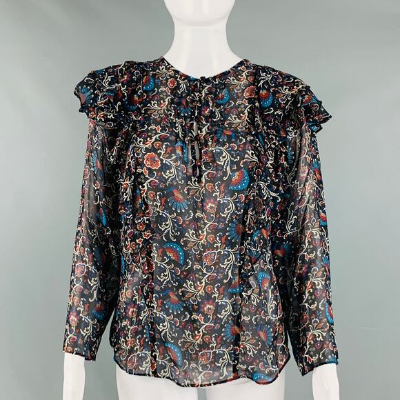 VERONICA BEARD Size 8 Black Multi-Color Silk Print Ruffle Blouse - Picture 1 of 8